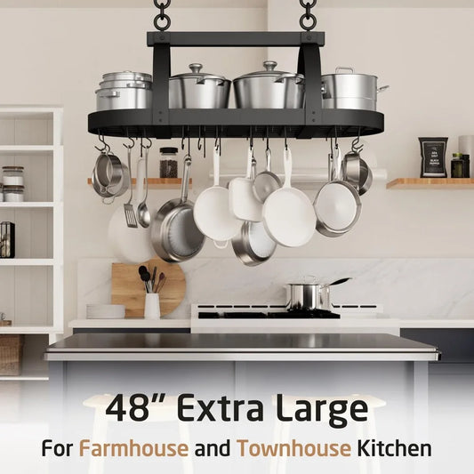 Hot Sale - 48 Inch Large Hanging Pot Rack, Heavy Duty Oval Pot and Pan Hanging Rack Ceiling Mount, Pot Pan Hangers for