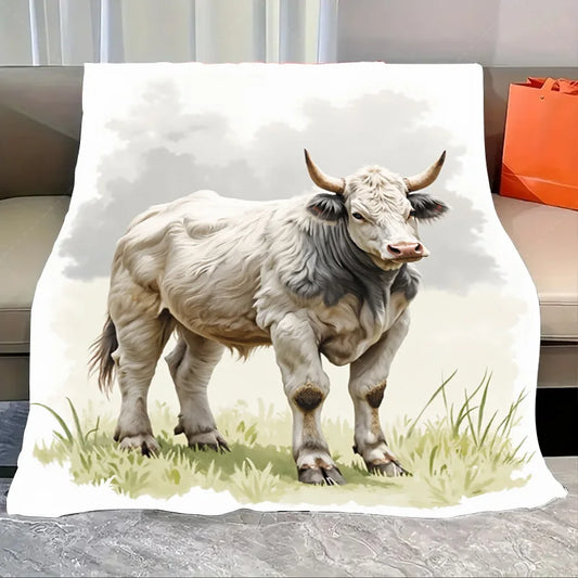 1pc Flannel Blanket Rustic Farmhouse Bull Blanket - Cozy Pastoral Scene Throw for Home Decor