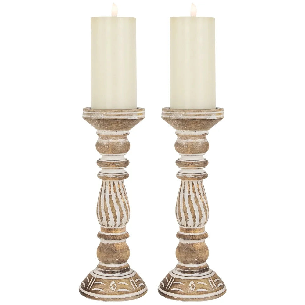Set of 2 Antique Etched Pillar Candle Holders Black Metal Saucer Indoor Decor Elegant Home Accent Wide Base 12 Inch Tall