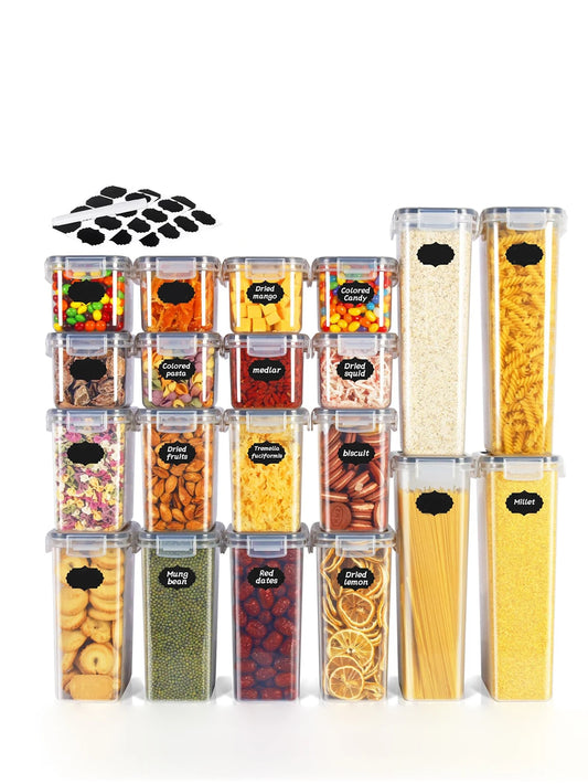 20pcs，Airtight food storage containers with LIDS, plastic kitchen and pantry organization labeled jars for grain flour and pasta