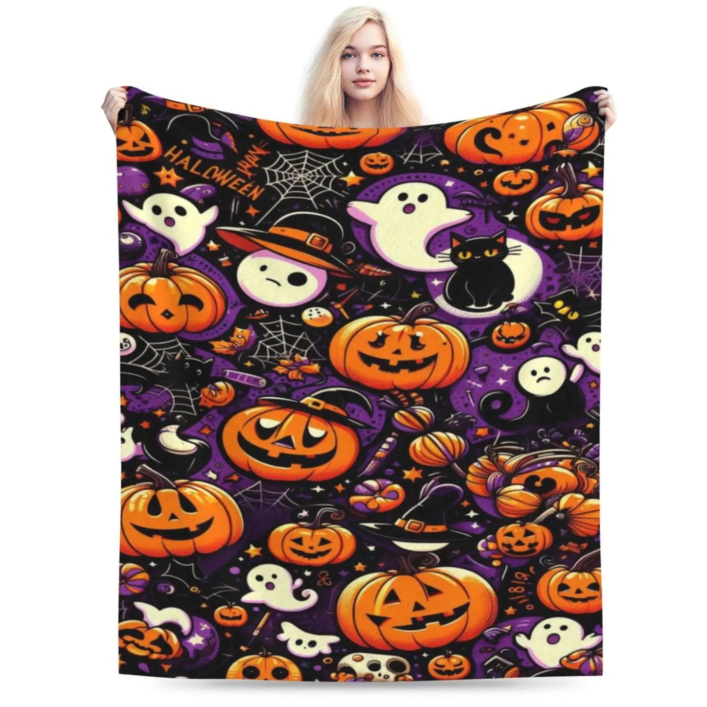 Halloween Ultra-Soft Micro Fleece Blanket - Vintage Festive Pumpkin And Ghost Design,  Multi-season Comfort For Sofa, Bed, Car