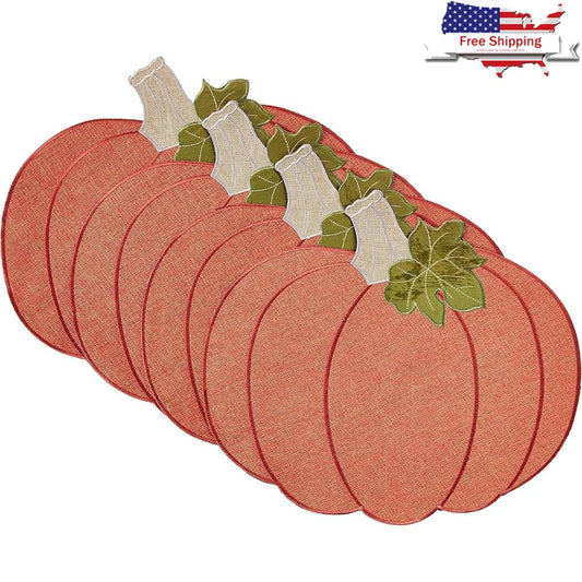 Thanksgiving Harvest Pumpkin Pattern Polyester Applique Embroidered Burlap Placemats Set of 4 Decorative Table Decor 12x18 Inch
