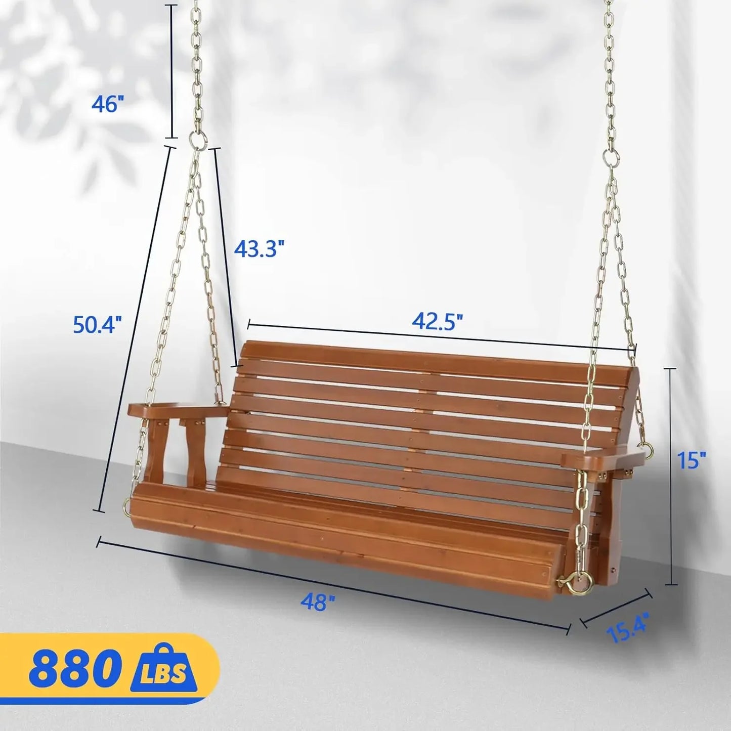 Upgraded Patio Wooden Porch Swing for Courtyard & Garden, Heavy Duty 880 LBS Swing Chair Bench with Hanging  (Brown, 4 FT)