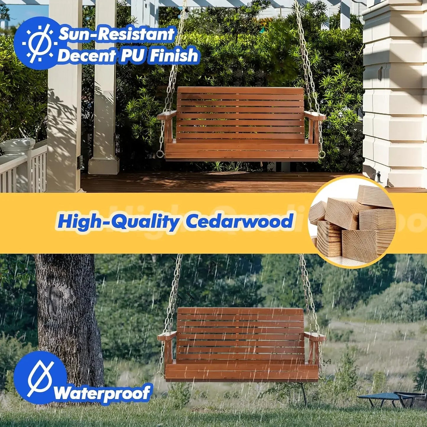 Upgraded Patio Wooden Porch Swing for Courtyard & Garden, Heavy Duty 880 LBS Swing Chair Bench with Hanging  (Brown, 4 FT)