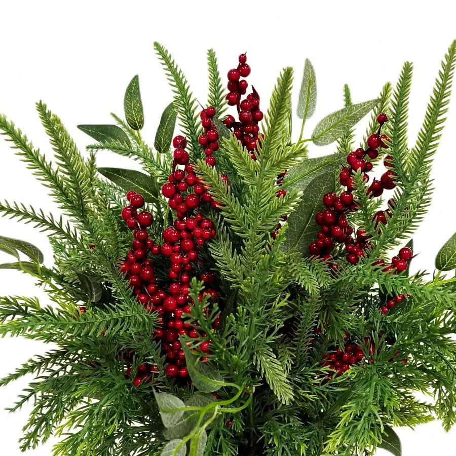 Winter Floral Basket with Berries Christmas Tabletop Decoration, Green and Red, 15"