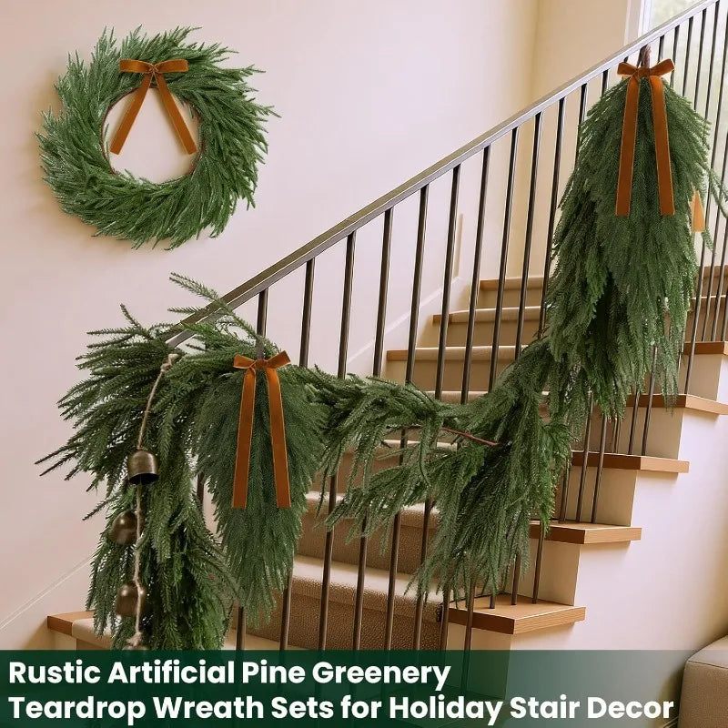 5 Pcs Christmas Greenery Decorations Set Include Artificial Cedar Garland Norfolk Pine Rustic Xmas Teardrop Swag Wreath M