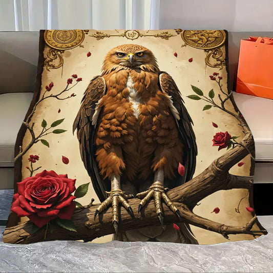 1pc Flannel Blanket Eagle & Rose Vintage Style Throw Blanket for Cozy Home Decor
