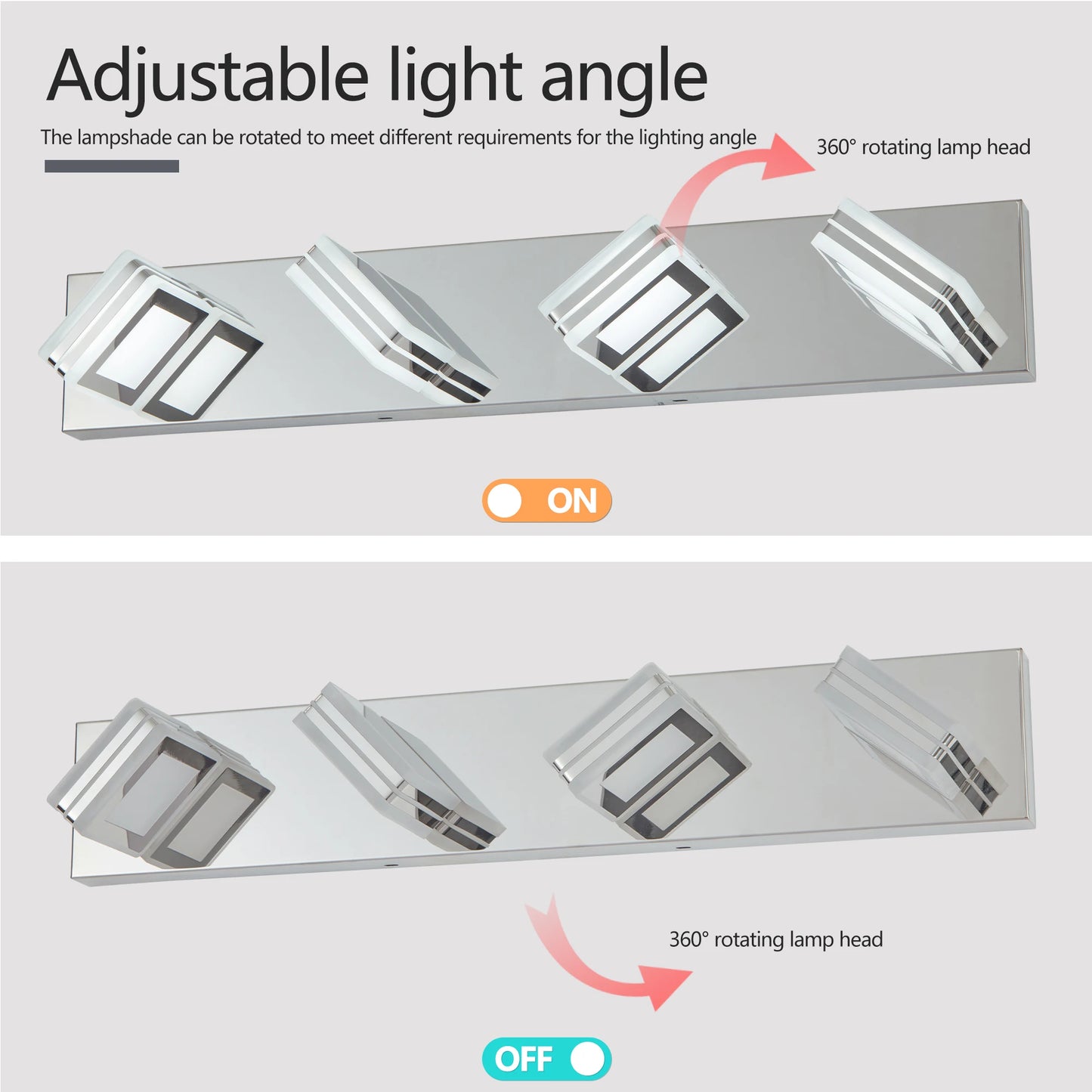 LED Modern Chrome Stainless Steel Vanity Lights, 4-Lights Acrylic Bathroom Vanity Light