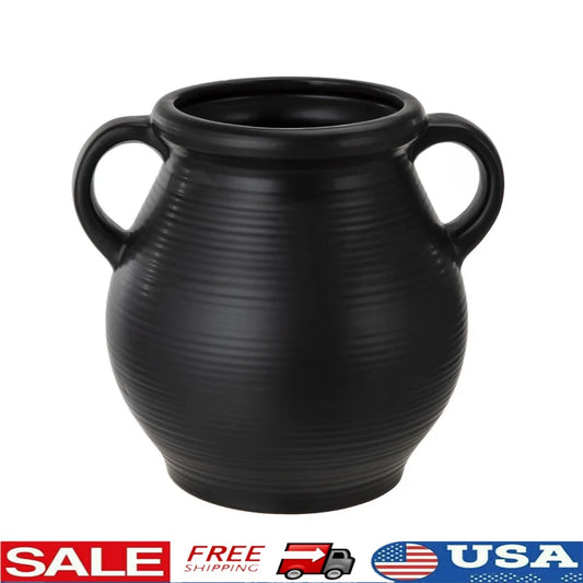 Ribbed Ceramic Vase with Handles Decorative Home Accent Flowers Plants Office Supplies Vintage Style