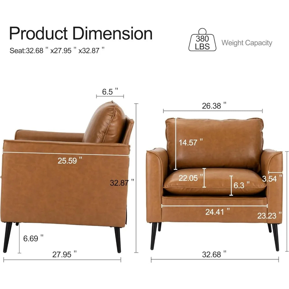 Set of 2 Modern Leather Chairs: Oversized Armchairs for Living Room - Cozy Mid-Century Accent Seating