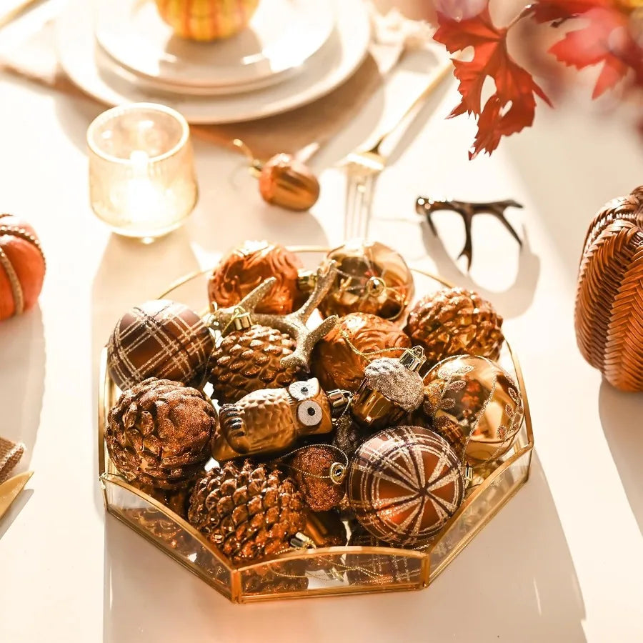 Valery Madelyn Fall Ornaments for Christmas Trees 70ct Bronze Copper and Gold Shatterproof Christmas Tree Decorations Woodland