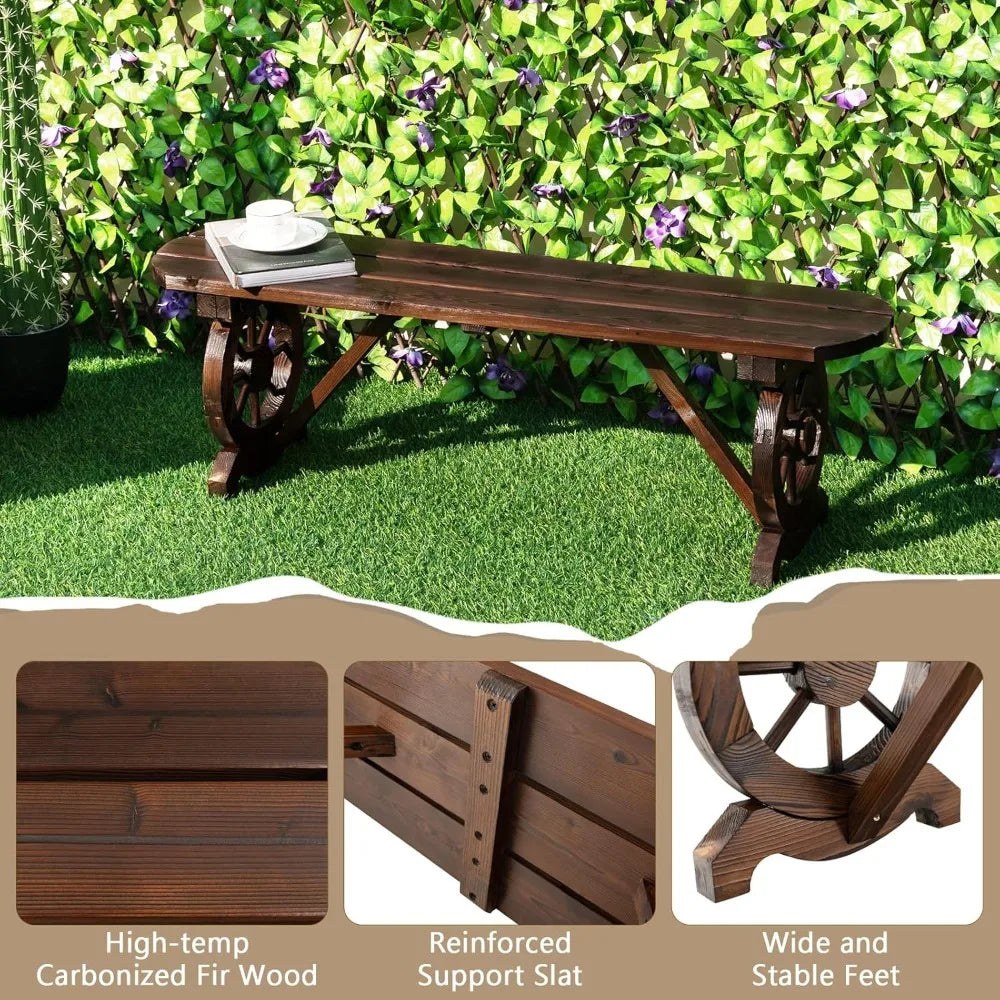 2-Person Wooden Outdoor Bench with Wagon Wheel Legs, Slatted Seat, Rustic Country Design, 710 Lbs Weight Capacity, Patio Bench