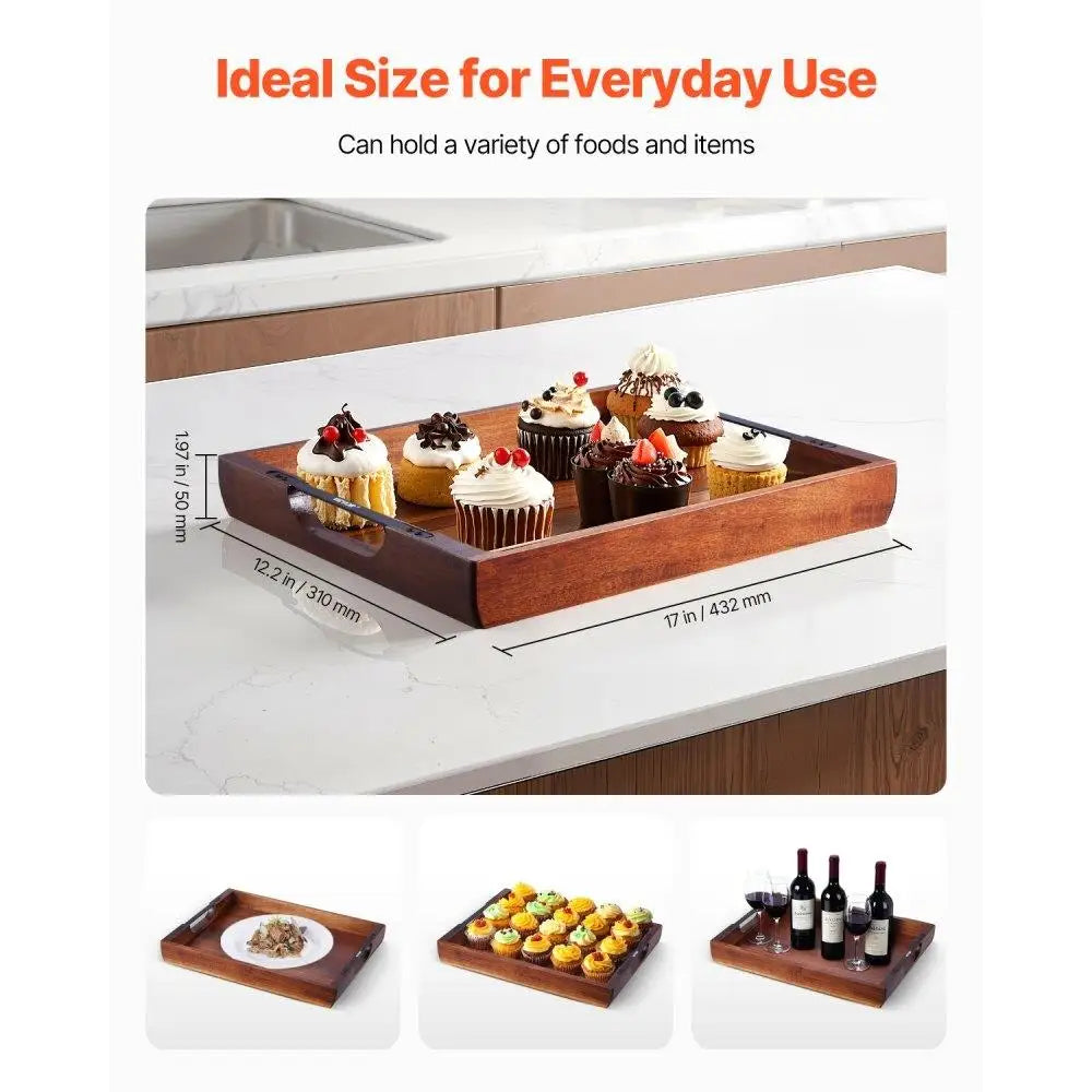 Acacia Wood Serving Tray 17x12 Inch Versatile  Serving Table Laptop Desk with Handles