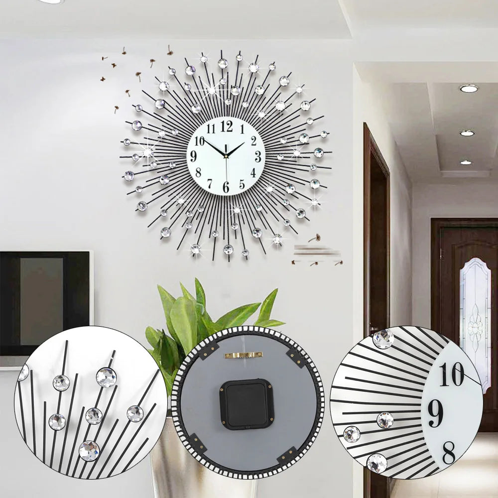 Stylish Wall Clock with Acrylic Diamonds, Vintage Metal Crystal Sunburst Wall Clock Luxury Diamond Modern Wall Clock 60cm