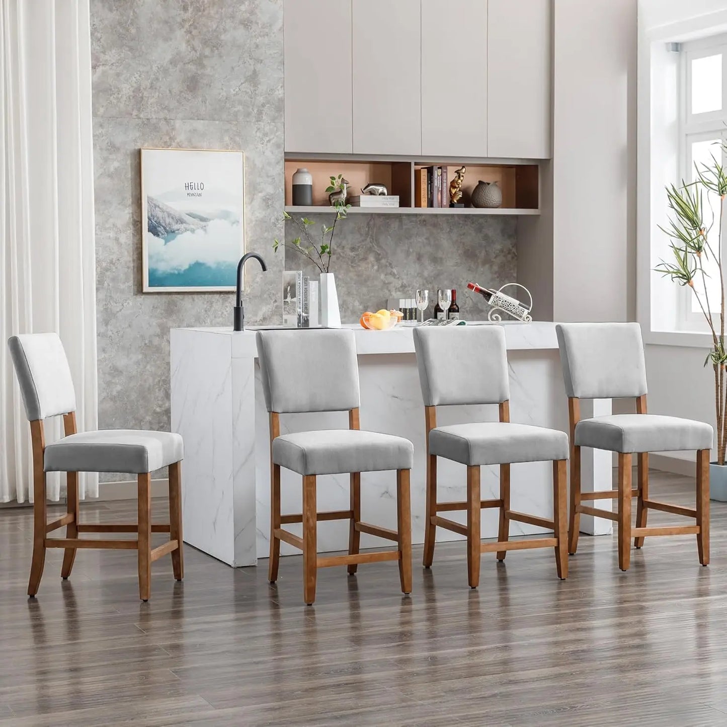24 Inches Counter Height Bar Stools Set of 4, Upholstered Barstools with Wood Legs, Island Chairs for Kitchen Counter