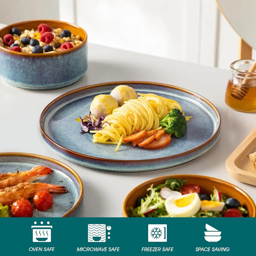 Onion Ceramic Plates And Bowls Sets, 12 Pieces Blue Dinnerware Sets For Kitchen, Reactive Glaze Dishes Set For 4, Dishwasher
