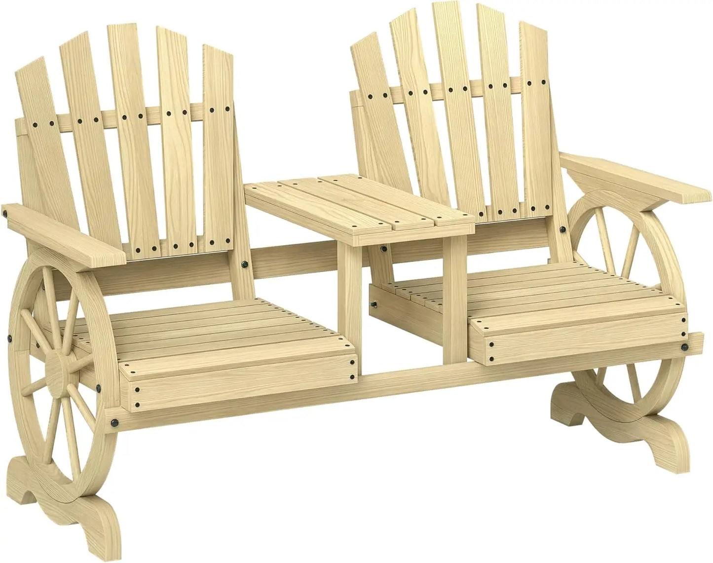 Wooden Garden Bench with Table, Umbrella Hole, 2-Seat Wagon Wheel Outdoor Bench with Slatted Seat, High Backrest, Armrests
