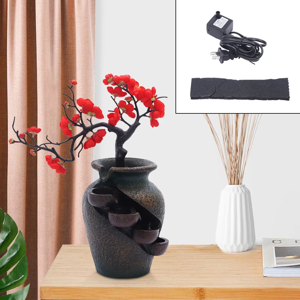 Tabletop Fountain, Waterfall Vase Fountain, Tabletop Water Fountains with Simulation Tree Flowers for Living Rooms, Offices