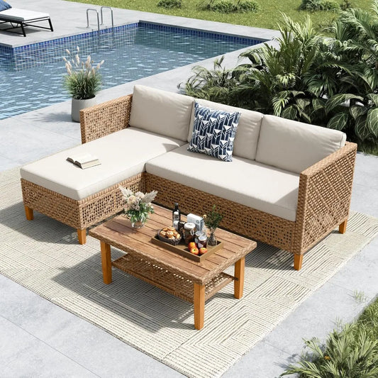 Patio Wicker Sectional Sofa Set 3 Pieces, Outdoor Small L-Shaped Couch Furniture Set with Wood Table and 2 Bench Sofa, 3-Piece