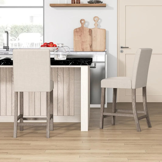 Bar Stools Counter Height Set of 2, 24.5" Modern Fabric Bar Chairs with Back, Footrest & Solid Wood Legs, Upholstered