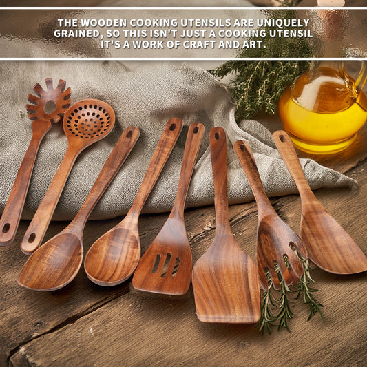 9PCS Kitchen Utensils Set - Wooden Spoons for Cooking- Wooden Spoons, Spatula Set, Slotted Spoon - Handmade Wooden Spoon Set