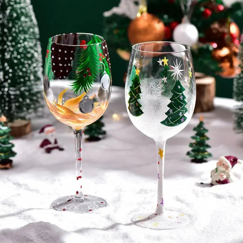 Creative Christmas Glass Cup Hand-Painted Christmas Tree Glass Goblet Red Wine Glass Christmas theme Home Glass Cup Xmas Gift