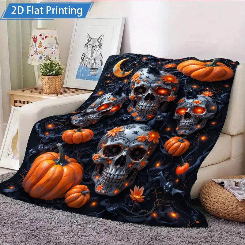 1pc Flannel Blanket Halloween Skull Pumpkin Blanket - Spooky Gothic Style Cozy Throw