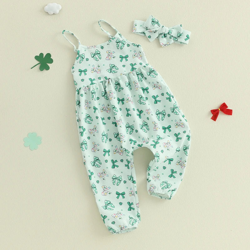 Toddler Boys St Patrick s Day Green Plaid Romper Suit with Bow Tie and Hat Set Irish Shamrock Print Jumpsuit