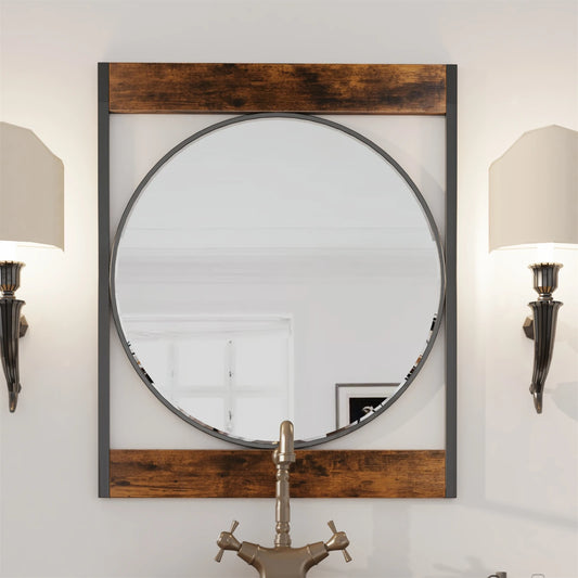 Retro Wall Mirror 57cm Round Decor Mirror with Square Wood Metal Frame Accent Mirror for Entryway Hallway Bedroom Home Decor