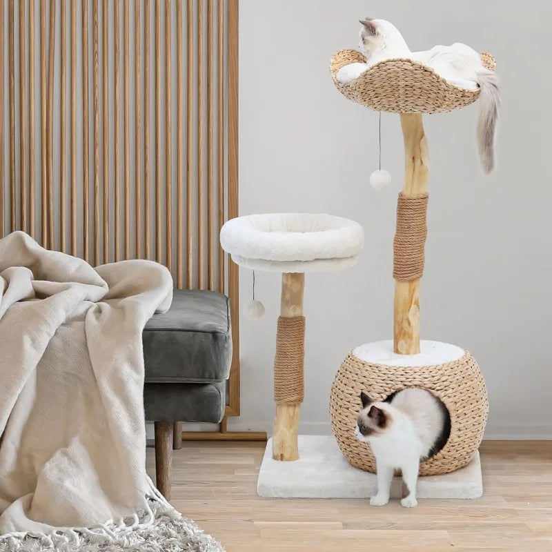 Tree Tower for Indoor Cats, Real Branch Luxury Cat Condo with Scratching Post, Jumping Platforms, Hanging Toy Ball fo