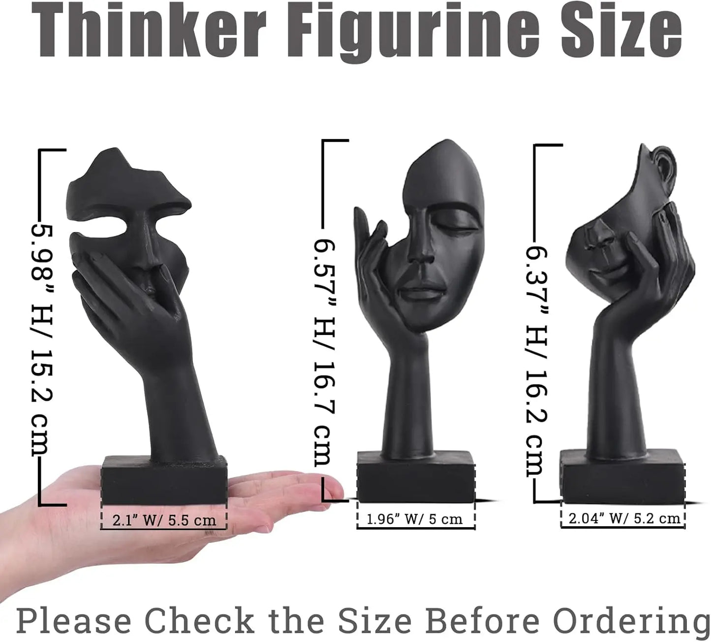 3 Pcs Thinker Small Statue Set - Black Art Abstract Home Accent Figurines for Woman Apartment Counter Decor (3 Pcs Black, 6")