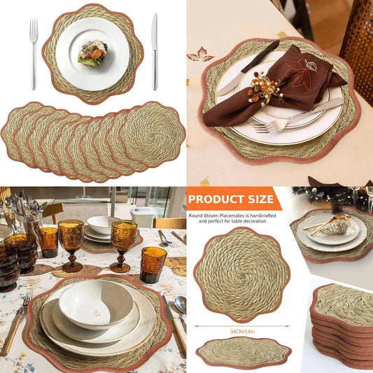 13.8 inch Fall Round Woven Placemats Set of 10 Boho Scalloped Rattan Place Mats Natural Water Hyacinth Flower Shaped Weave Mats