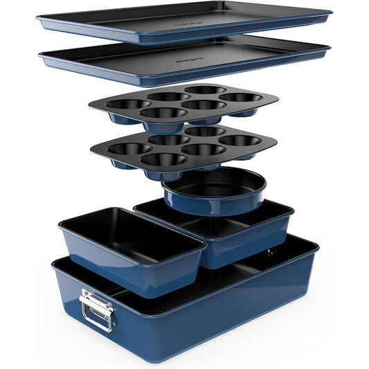 NutriChef 8-Piece Nonstick Stackable Bakeware Set - PFOA, PFOS, PTFE Free Baking Tray Set w/Non-Stick Coating, 450°F Oven Safe,