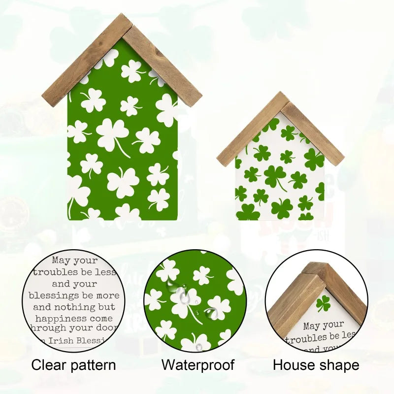 St Patricks Day Decorations for Home, Set of 2 Wooden Shamrocks Irish Blessing Sign, Indoor Saint Patricks March Table Shelf