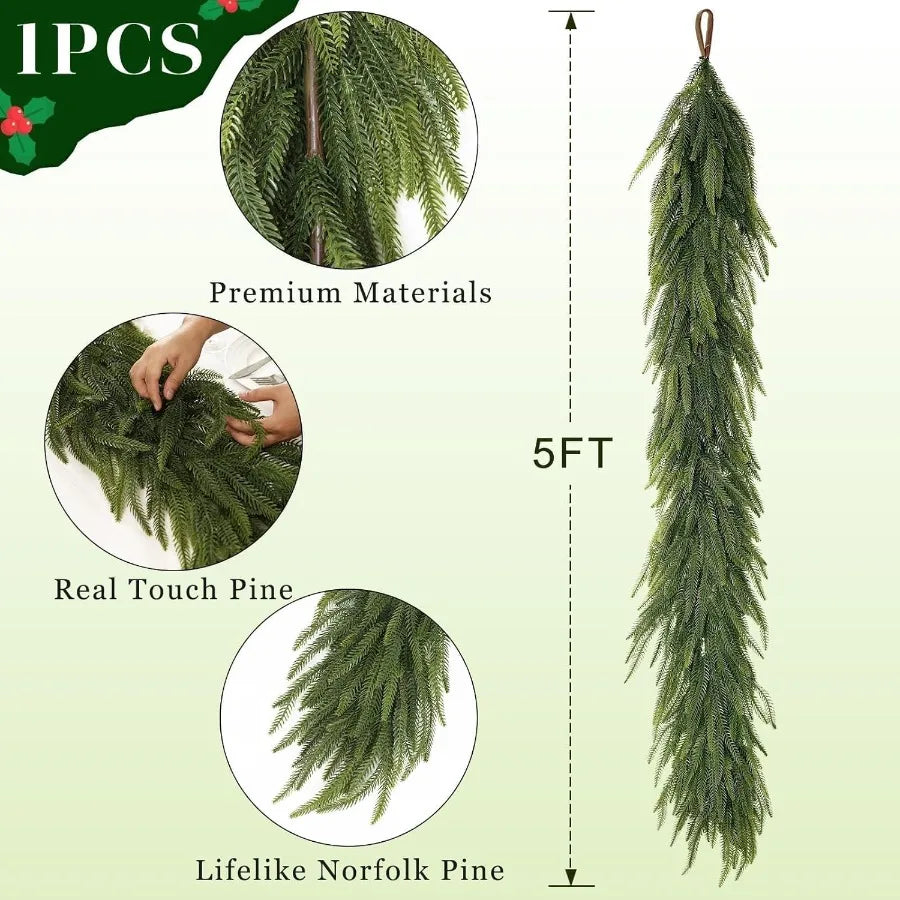 5FT Christmas Norfolk Pine Garland 1PCS Artificial Pine Needles Garlands Faux Greenery Fake Garland for Holiday Fireplace Table