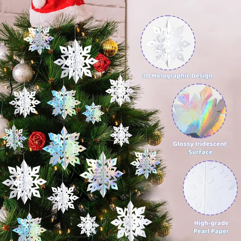 Christmas Snowflake Decorations Indoor, 24PCS 3D Paper Snowflakes Hanging Ornaments White Snowflake Garlands for Xmas Christmas