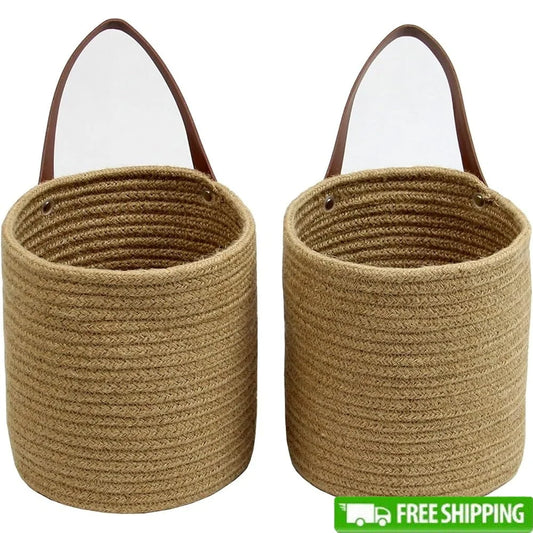 Jute Hanging Basket Set of 2 Small Woven Wall Decor with Handle Plants Storage Key Sunglasses Wallet 7x7x7.9 Inch