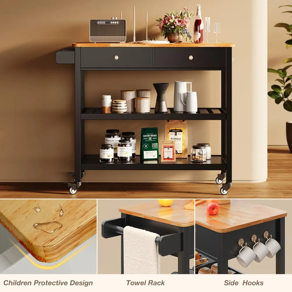 Kitchen Island Cart with Storage,40’’ Wooden Top,2 Tiers Spacious Shelves and Towel Bar, 2 Drawer Mobile Trolley Cart On Wheels