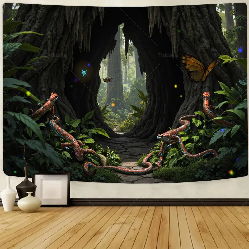 1pc Wall Tapestry Enchanted Winter Forest Tapestry - Golden Frame, Snowy Path, Cozy Cabin Decor