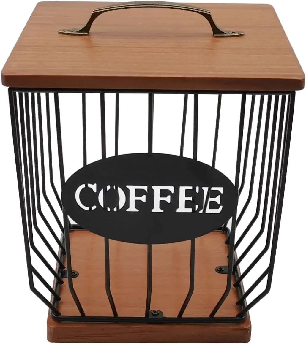 Round Coffee Pods Holder with Wooden Lid and Base Wire Coffee Pods Storage Basket for Home Cafe Bar Countertop Decor(Gold)