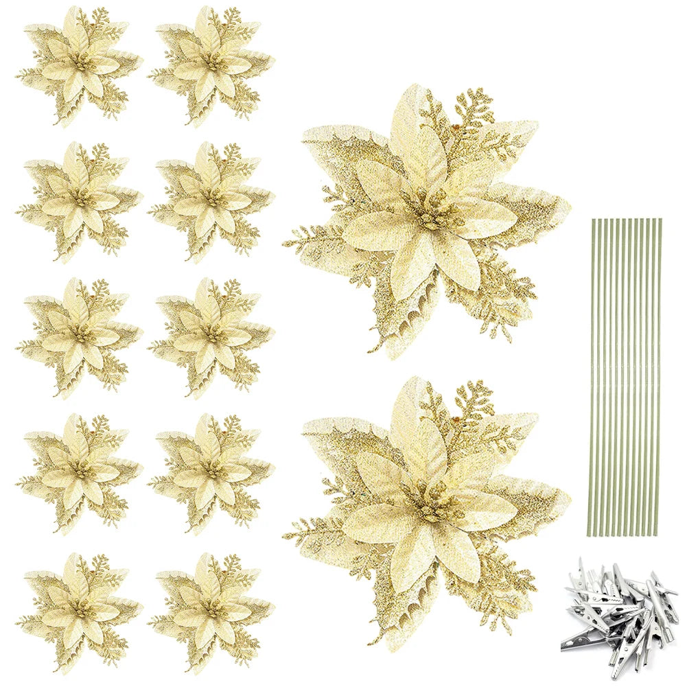 12/24/36Pcs Christmas Glitter Artificial Flowers Decorative Xmas Tree Poinsettia Flower Hanging Ornament for Stairs Window Decor
