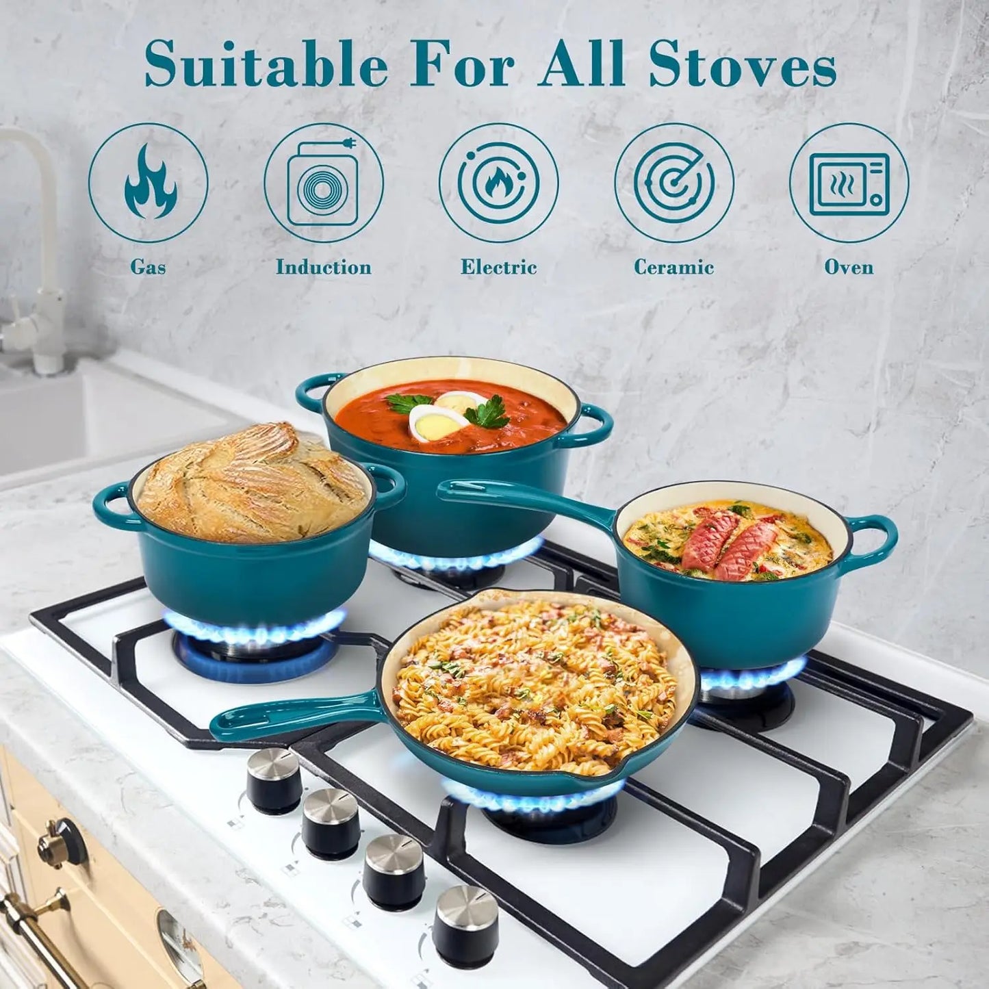Enameled Cast Iron Cookware Set, 9-Piece Pots and Pans Set Non Stick, Pots and Pans Rack Organizer, 10.25” Skillet, 2QT Saucepan