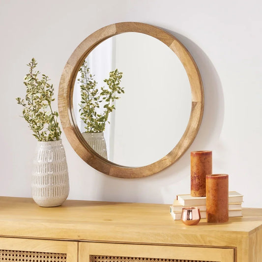 Modern Round Mirror Mango Wood Frame No Assembly Handcrafted Wall Decor Home Accent Reflective Surface Durable Design
