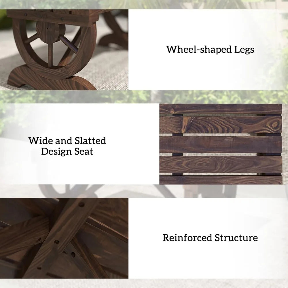 Outsunny 2-Person Wooden Garden Bench, Outdoor Wagon Wheel Porch Bench for Backyard Garden, Support 550 LBS, Rustic Country Styl
