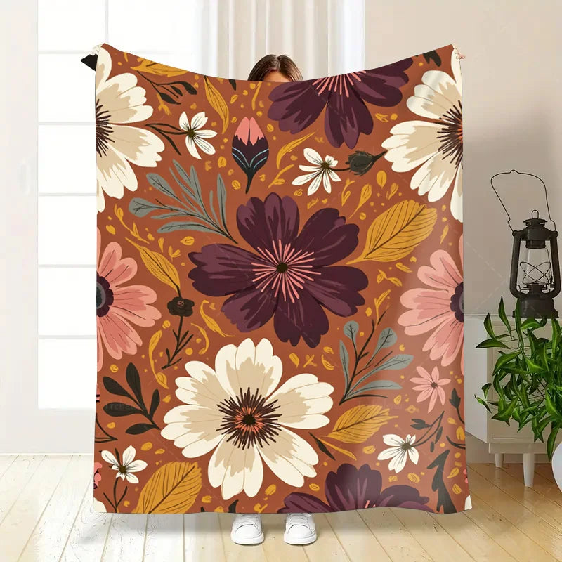 1pc Flannel Blanket Rustic Floral Throw Blanket - Cozy Boho Style for Living Room Decor
