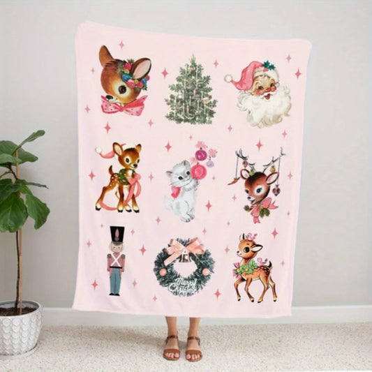 1pc Festive Christmas Reindeer & Friends Flannel Throw Blanket - Soft Plush Fleece, Cozy Holiday Design with Santa, Snowmen