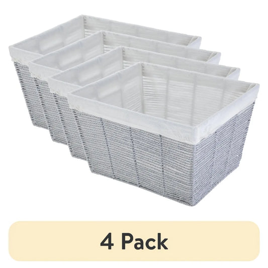 (4 Pack) Medium Grey Paper Rope Baskets, Removable Liner, Decorative Storage Bins for Shelves, Bathroom, Closet
