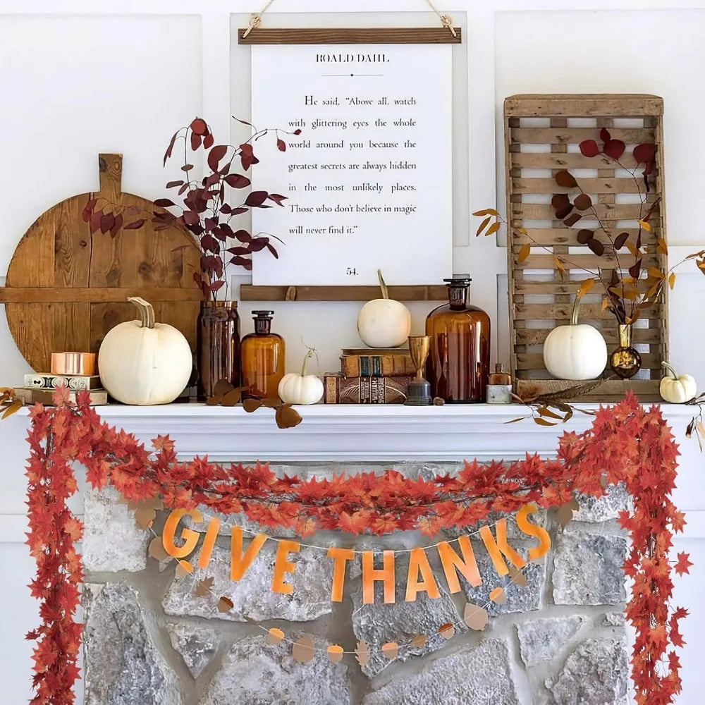 24 Pack Fall Leaf Garland, Hanging Vines Garland Artificial Fall Maple Leaves Thanksgiving Decor for Home Fireplace Party (Mixe