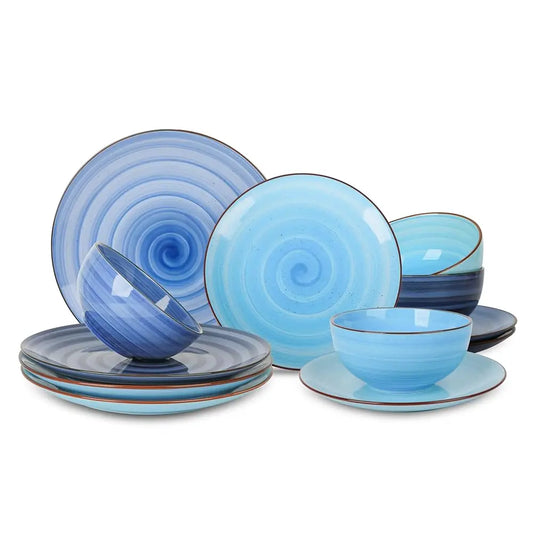 Ceramic Dinnerware Sets, 12 Pieces Plates And Bowls Sets, Scratch Resistant Dishes Set For 4, Handpainted Swirl Dishware Sets