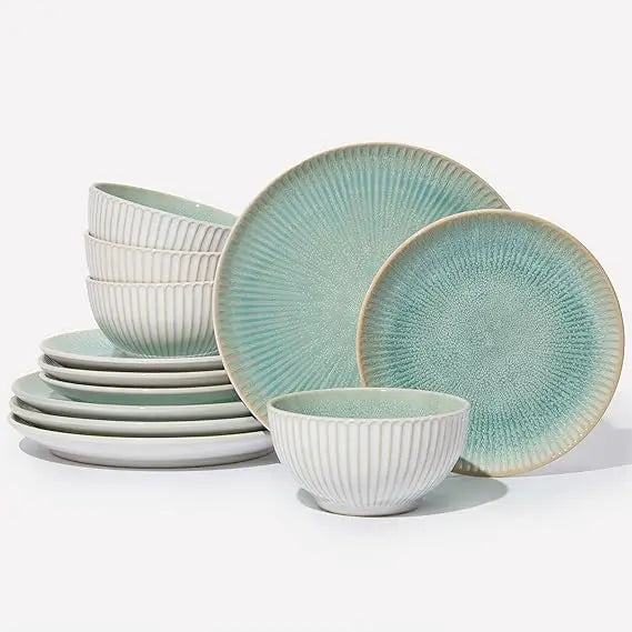 Stoneware Dinnerware Sets, Round Reactive Glaze Ceramic Plates and Bowls Set, Dishwasher & Microwave Safe Dishes Set, Distinctiv